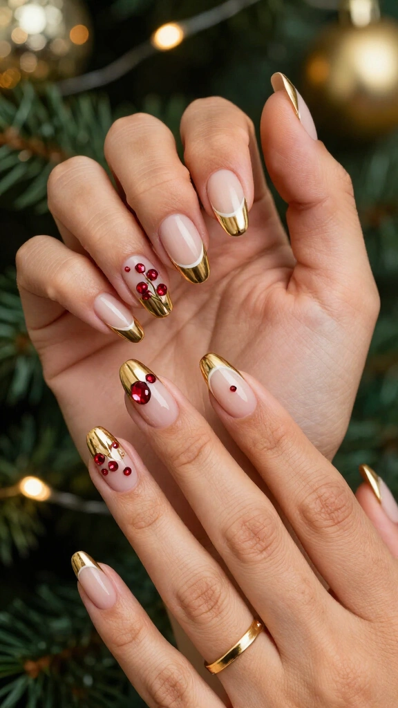 Gold French tips with red gems