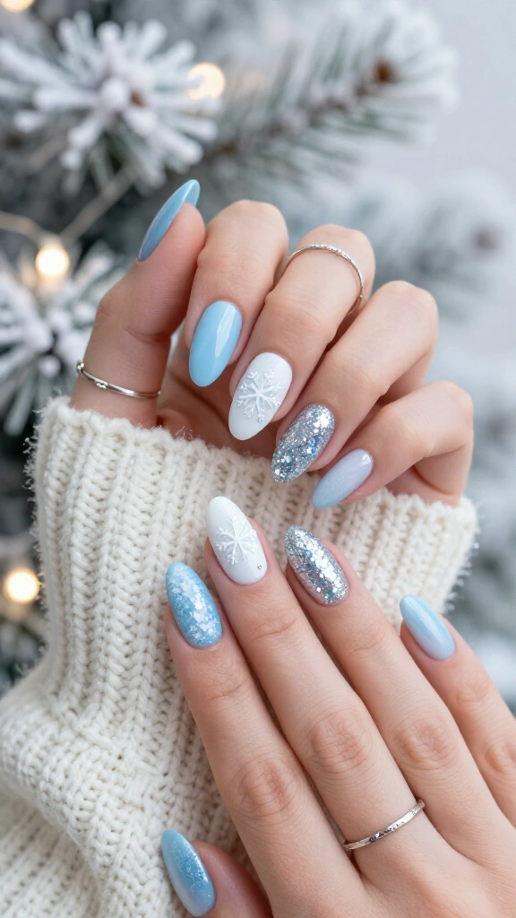 Winter wonderland blue and white nails