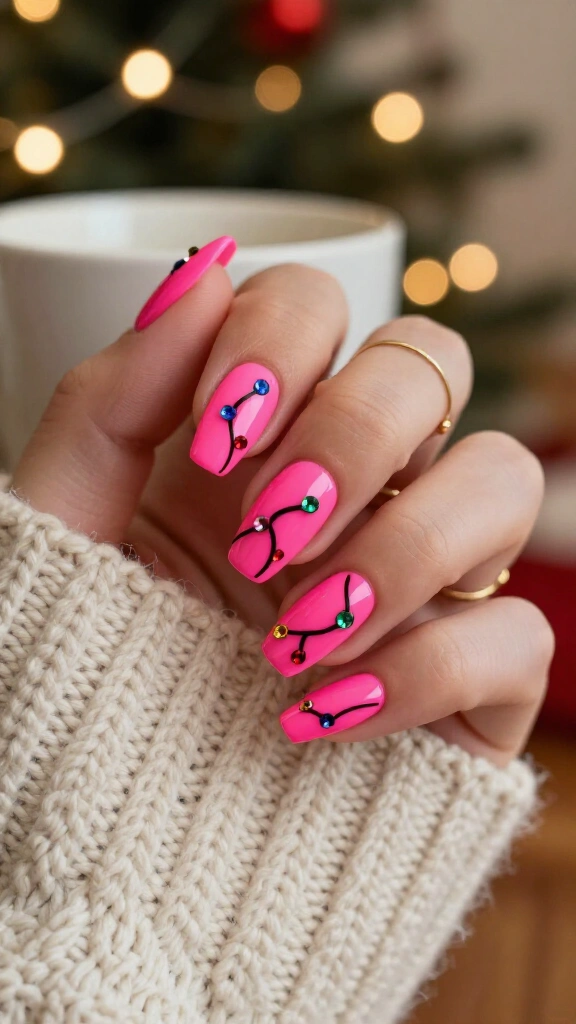 Neon pink holiday light strings