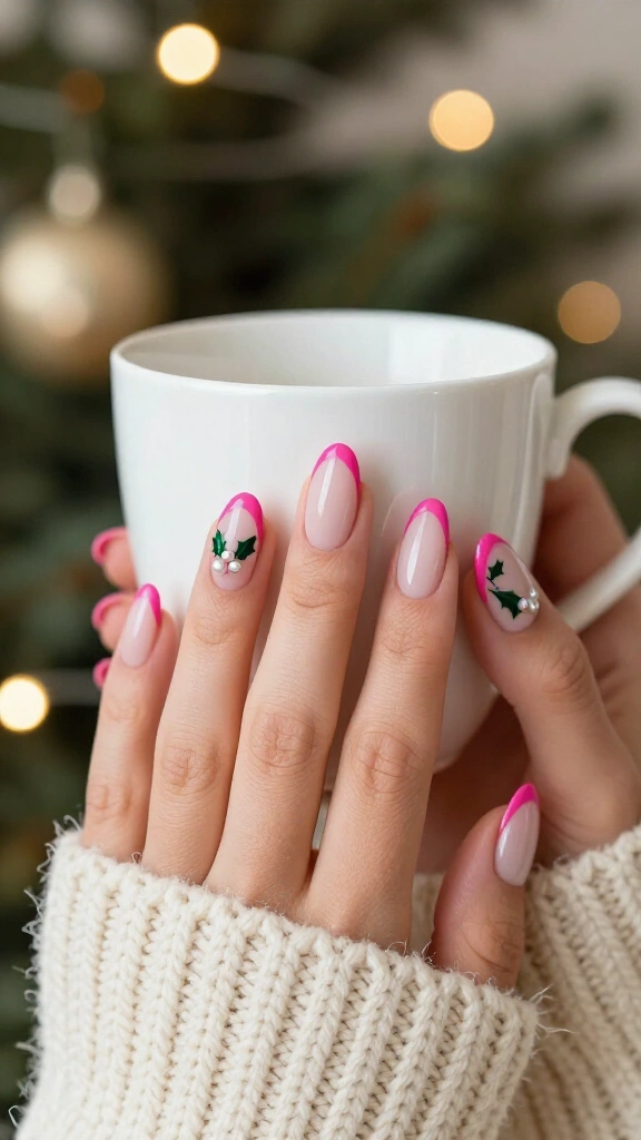 Hot pink French tips with holly sprigs