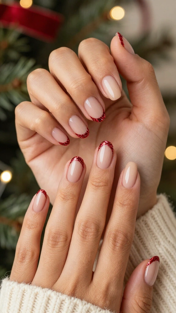 Nude Nails With Red Glitter Cuticles