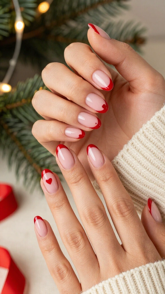 Red French Tips With Tiny Hearts