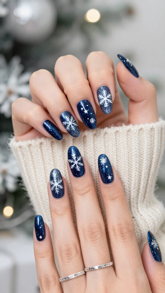 Midnight blue celestial snowflakes