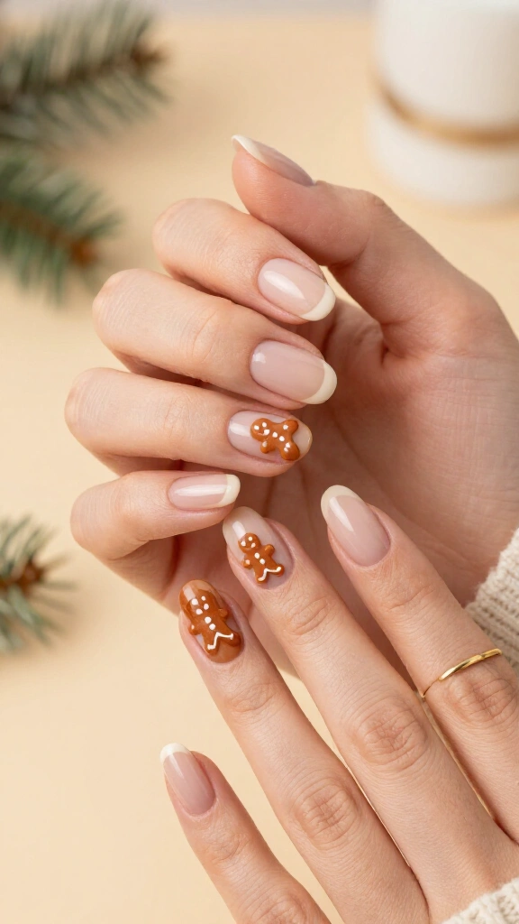 Nude nails with tiny gingerbread men