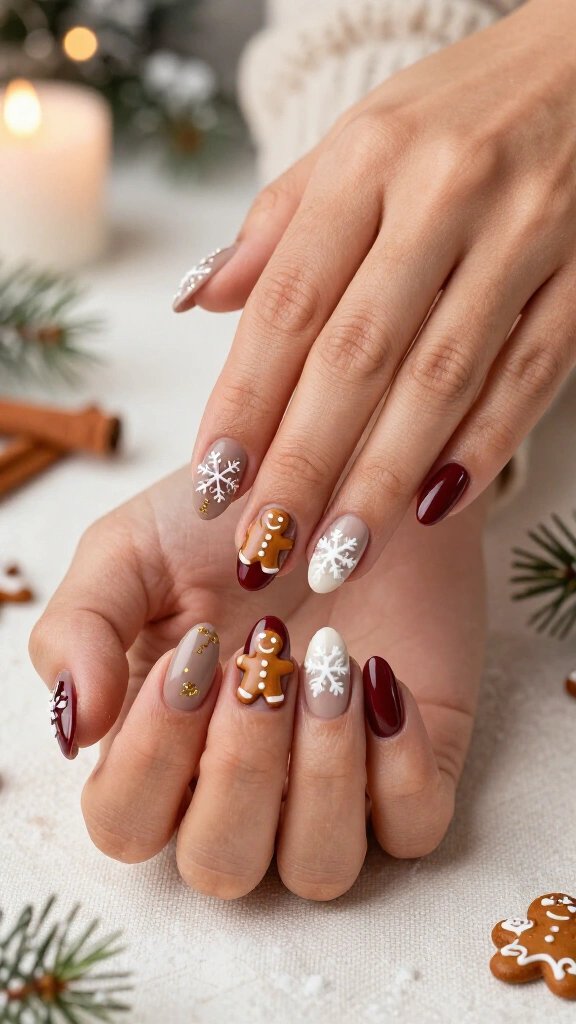 Gingerbread and snowflake nails