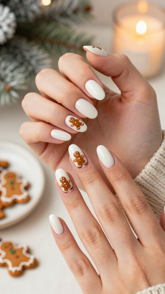 Gingerbread nail stickers on milky white polish