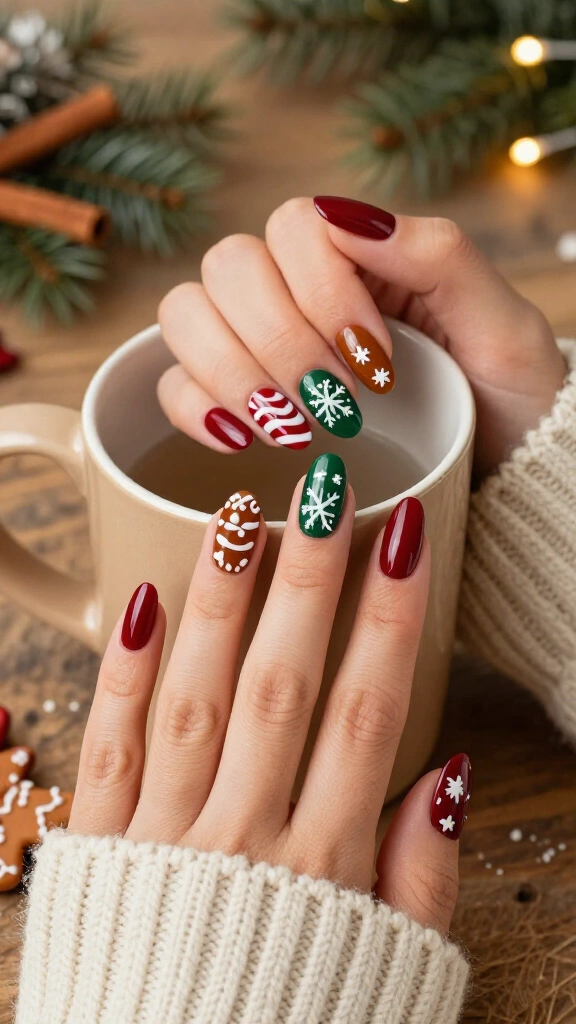Festive gingerbread mix and match nails