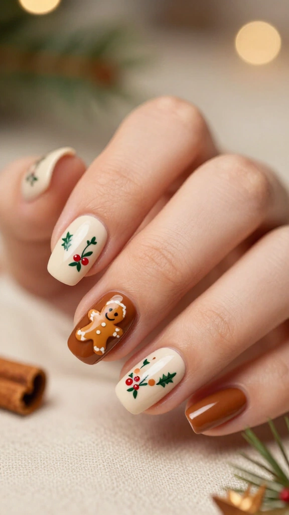 Gingerbread nails with green holly details
