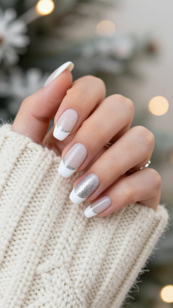 White French tips with silver glitter