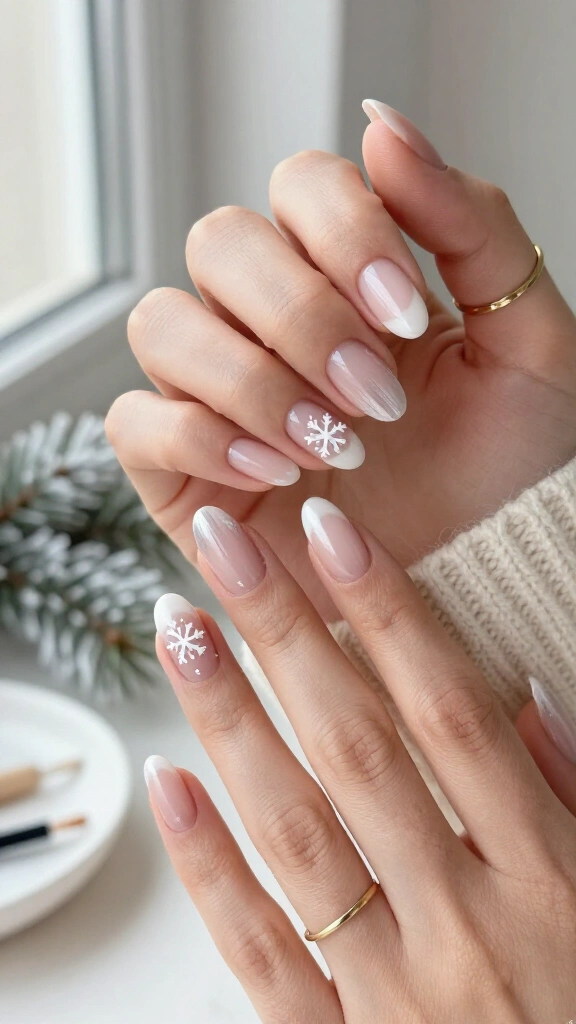 Tiny white snowflakes on nude nails