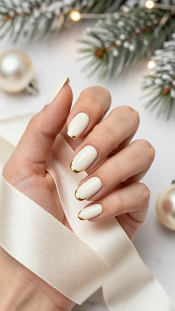 White nails with a gold cuticle line