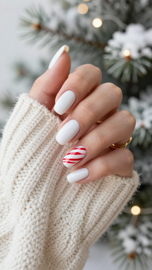 White candy cane accent nails