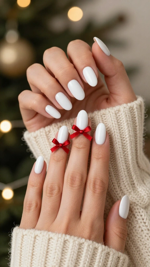 White nails with tiny red bows