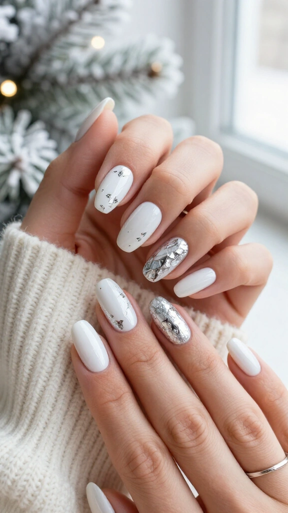 White nails with silver foil flecks