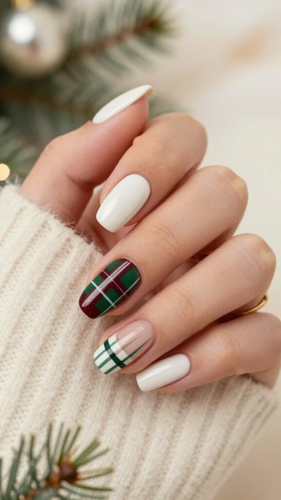 White plaid Christmas nails