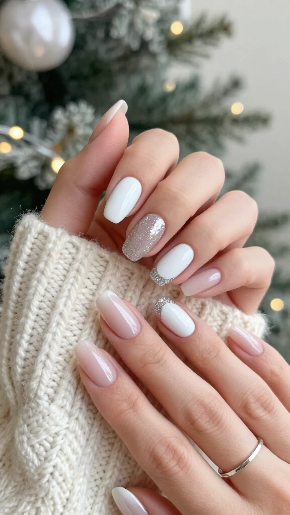 White glitter half moon nails