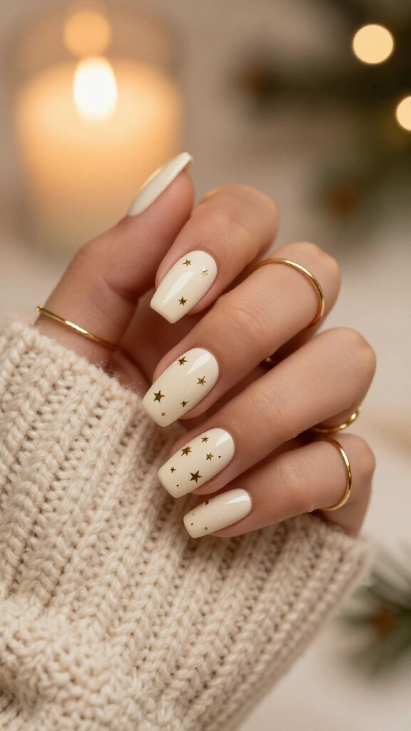 Creamy white nails with gold stars