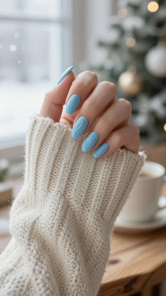 Baby Blue Cable Knit Sweater Nails
