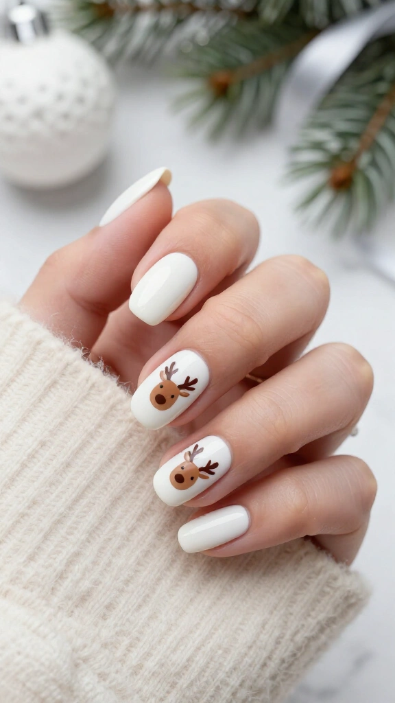 White reindeer accent nails