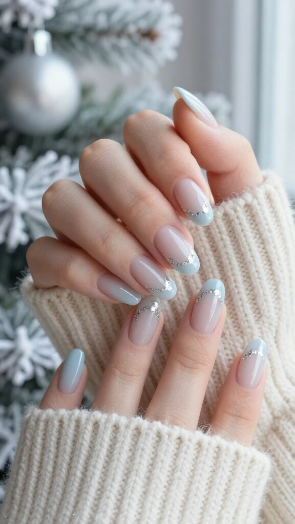 Ice Blue French Tips with Silver Foil