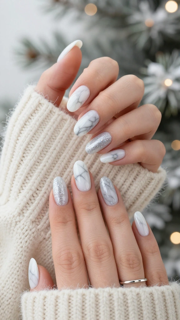 White marble Christmas nails
