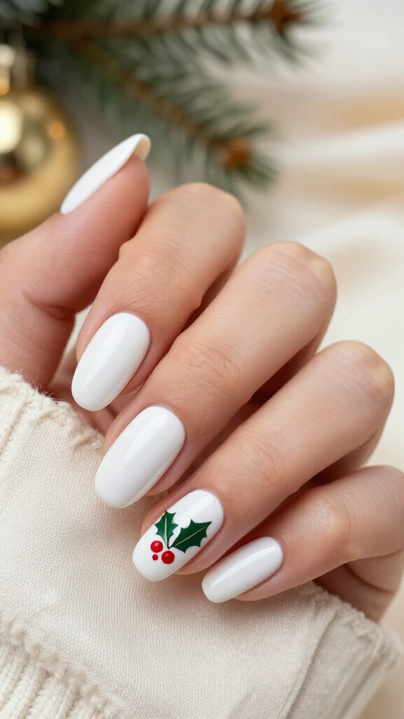 White nails with delicate holly leaves