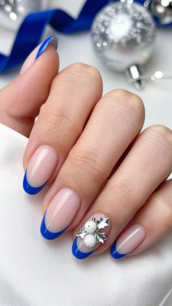 Blue French Tips with Holly Berry Accents