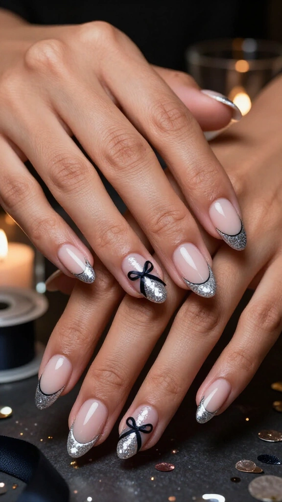 Glitter French Tips with Black Ribbons