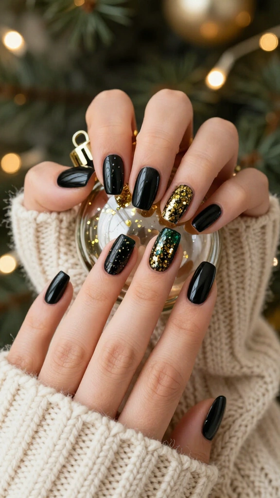 Black nails with gold confetti