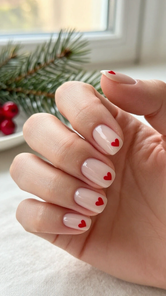 Nude nails with red hearts