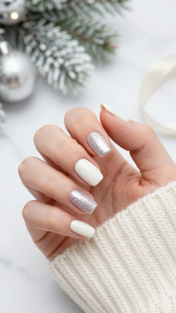 White nails with silver glitter