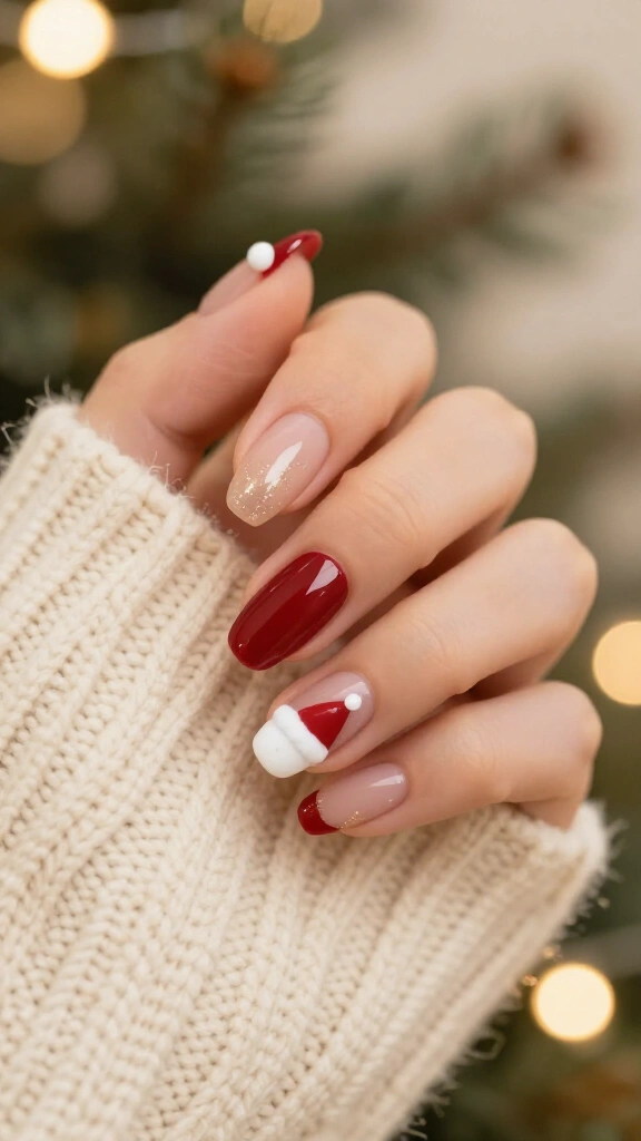 Santa hat accent nail