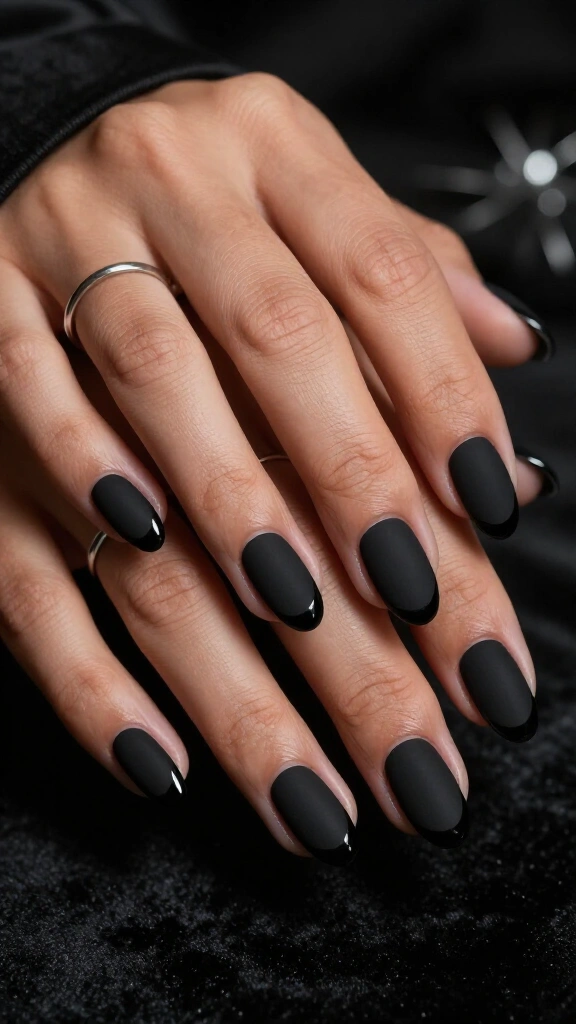 Matte Black Nails with Glossy French Tips