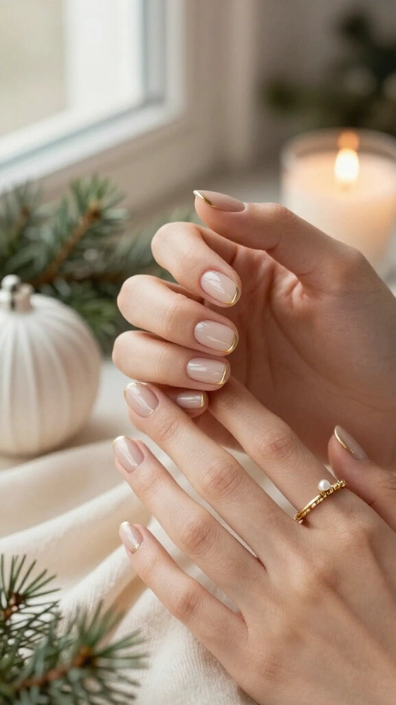 Neutral nails with gold cuticle half moons
