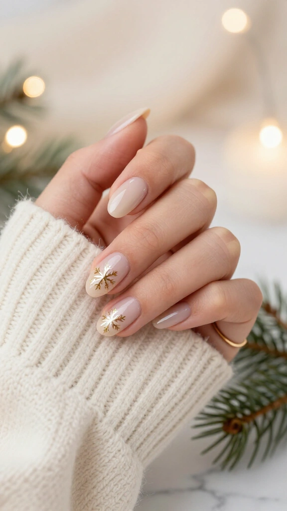 Neutral nails with delicate gold snowflakes