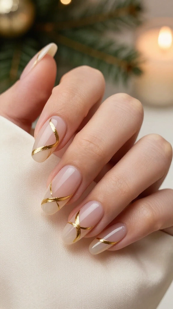 Abstract Gold Ribbons on Clear Nails