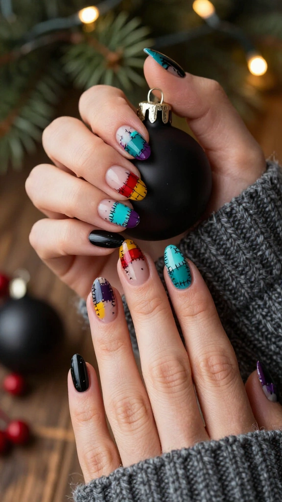 Sally patchwork Christmas nails