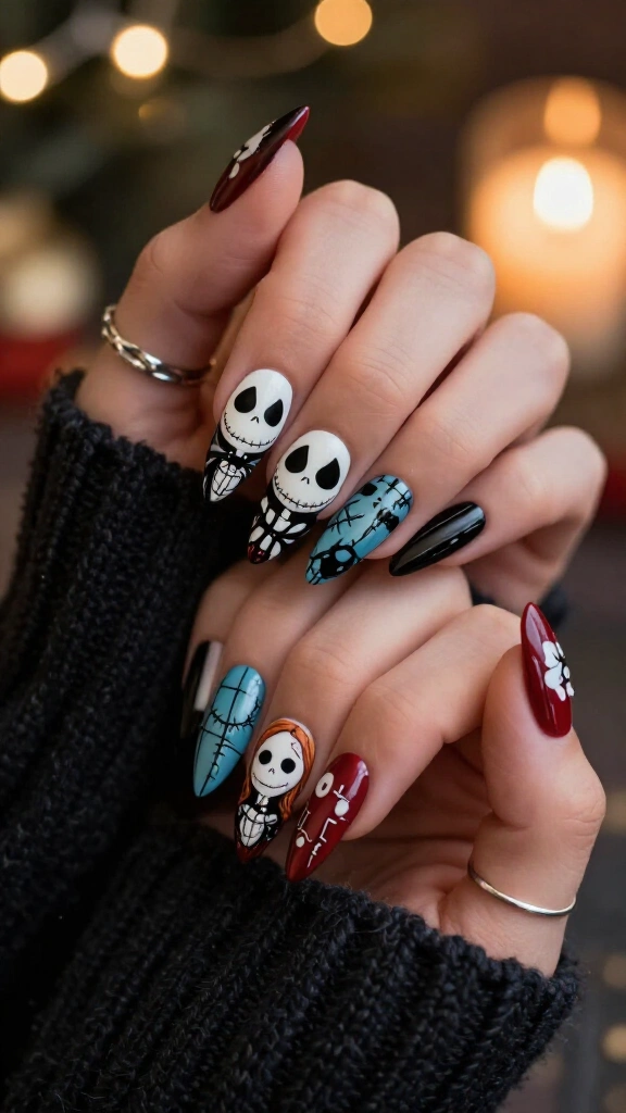 Jack and Sally couple nail art