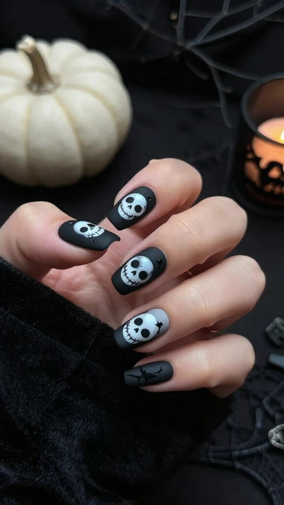 Matte black Pumpkin King nails