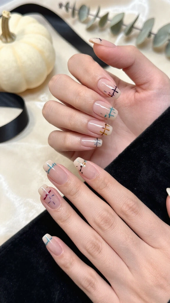 Sally stitches on nude nails