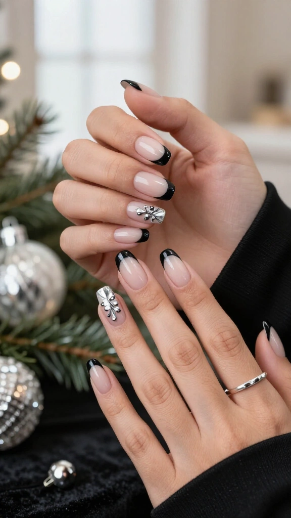 Onyx Black French Tips with Silver Holly