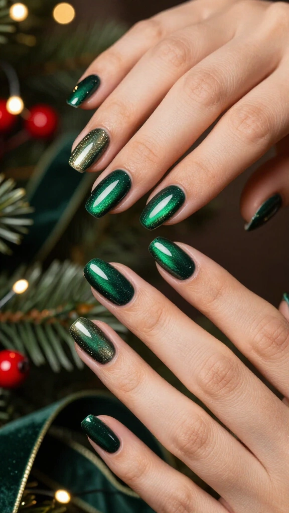 Dark Hunter Green Cat-Eye Nails