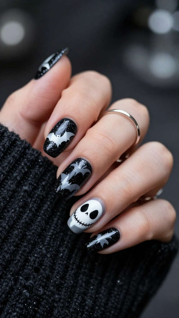 Black glitter bat nails