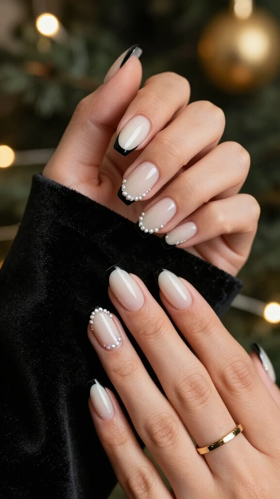 Black French Tip with Pearl Embellishments