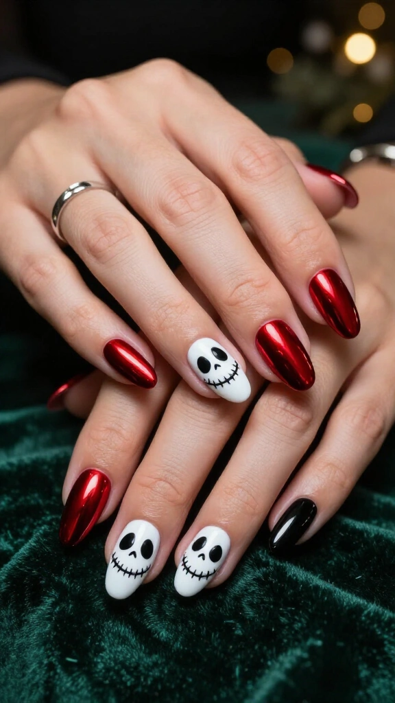 Red chrome Jack Skellington nails