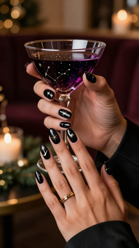 Constellation & Starburst Black Nails