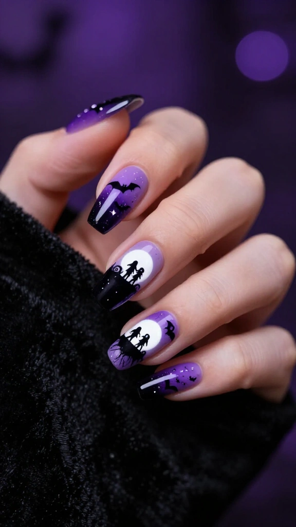 Purple moon and bat nails