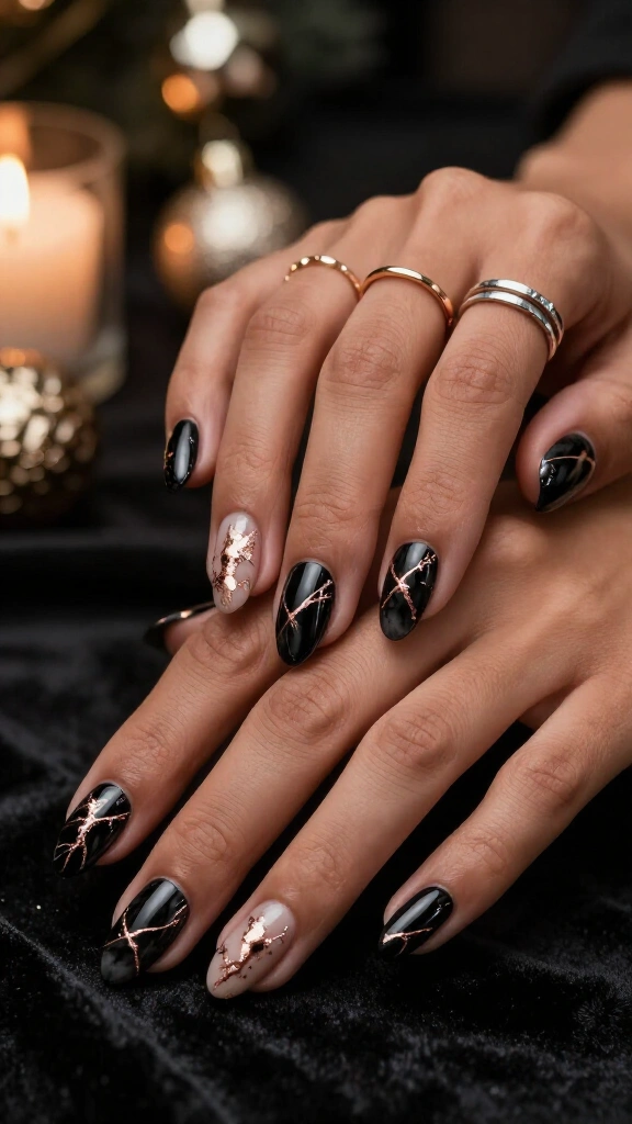 Inky Black with Rose Gold Metallic Veins