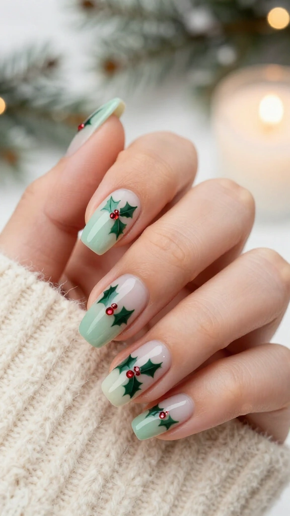 Winter Holly Leaves on Sheer Sage