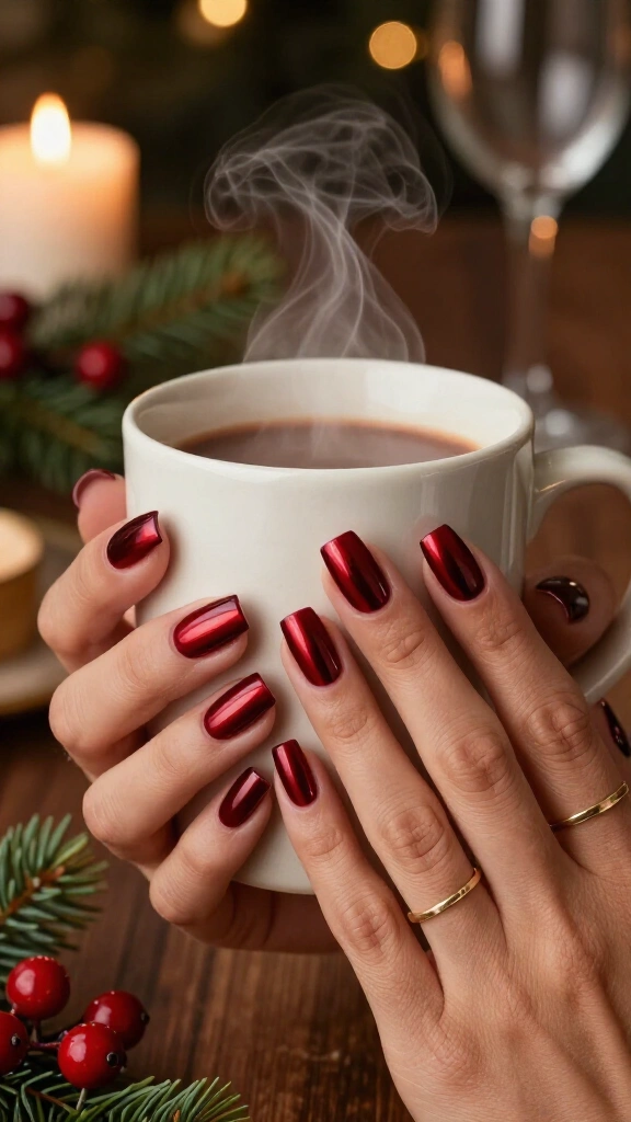 Deep red chrome square nails